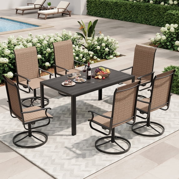 UDPATIO 7-Piece Outdoor Dining Set with High-Back Swivel Chairs & Iron Rectangle Table for 6-Person, Black & Khaki