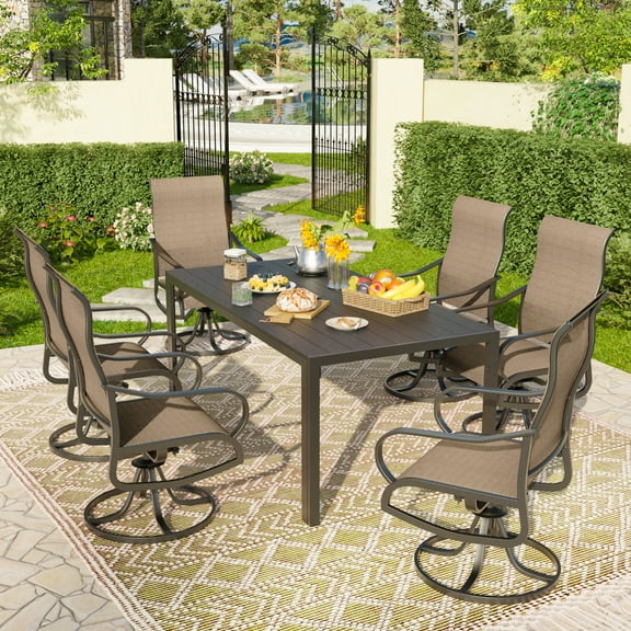 UDPATIO 7-Piece Outdoor Dining Set with High-Back Swivel Chairs & Iron Rectangle Table for 6-Person, Black & Khaki