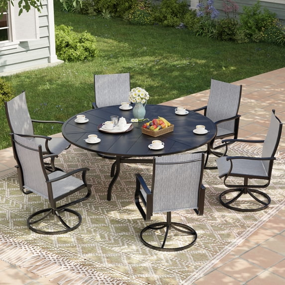 UDPATIO 7-Piece Outdoor Swivel Bistro Set, 360° Swivel Patio Chairs with 51" Round Metal Table with Umbrella Hole, All Weather Dining Set for Backyard Balcony, Light Grey