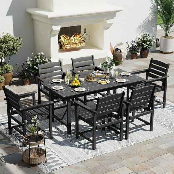 UDPATIO 7-Piece Patio Dining Sets, HDPE Outdoor Furniture with Umbrella Hole, Modern 7 Piece Dining Table Set with Chairs,Patio Table and Chairs Set for Garden, Backyard, Poolside, Black (6+1)