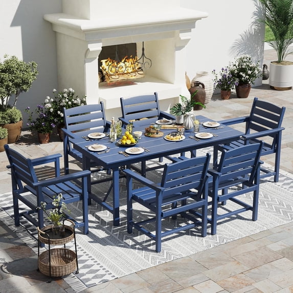 UDPATIO 7-Piece Patio Dining Sets, HDPE Outdoor Furniture with Umbrella Hole, Modern 7 Piece Dining Table Set with Chairs,Patio Table and Chairs Set for Garden, Backyard, Poolside,Blue (6+1)