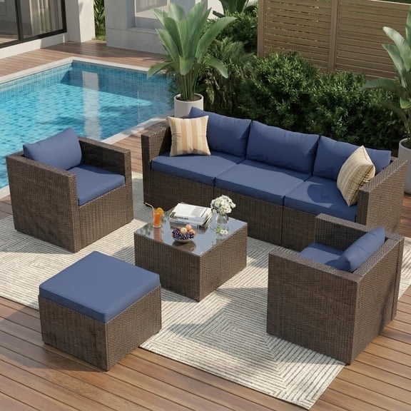 UDPATIO 7-Piece Patio Furniture Set,Outdoor Patio Furniture Set All-Weather Rattan Wicker Patio Conversation Set with Ottoman, Single Chair, Cushions & Glass Table for Garden & Backyard,,Navy Blue
