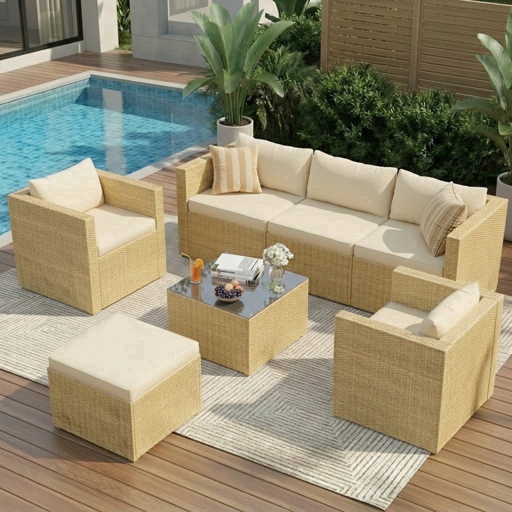 UDPATIO 7-Piece Patio Furniture Set,Outdoor Patio Furniture Set All-Weather Rattan Wicker Patio Conversation Set with Ottoman, Single Chair, Cushions & Glass Table for Garden & Backyard, Cream White