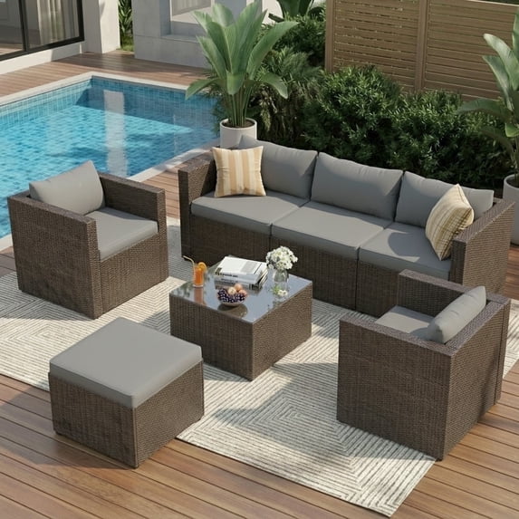 UDPATIO 7-Piece Patio Furniture Set,Outdoor Patio Furniture Set All-Weather Rattan Wicker Patio Conversation Set with Ottoman, Single Chair, Cushions & Glass Table for Garden & Backyard, Gray