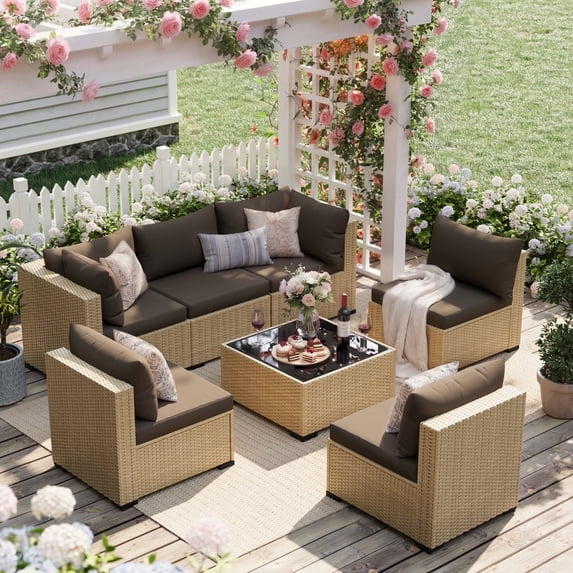 UDPATIO 7-Piece Wicker Modular Sectional Outdoor Conversation Sets with Glass Coffee Table, Yellow&Brown