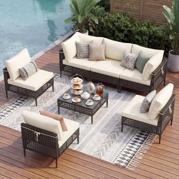 UDPATIO 7 Piece Wicker Patio Furniture Set, Outdoor Conversation Set， Sectional Sofa with Glass Coffee Table， Outdoor Sofa for Porch, Backyard, Black&Beige