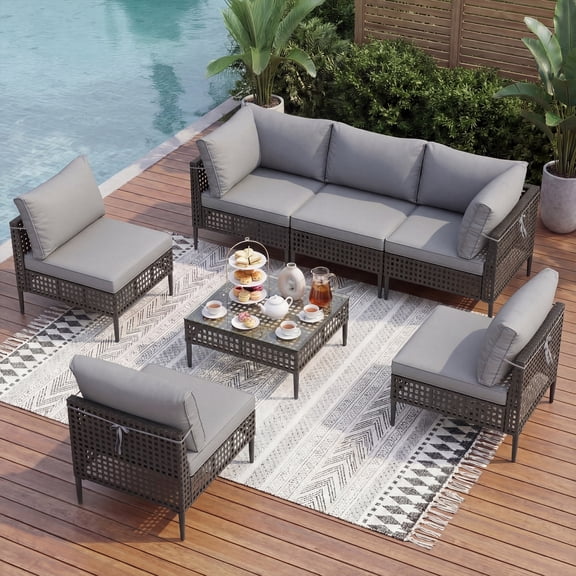 UDPATIO 7 Piece Wicker Patio Furniture Set, Outdoor Conversation Set, Sectional Sofa with Glass Coffee Table, Outdoor Sofa for Porch, Backyard, Black&Gray