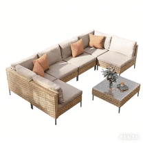 UDPATIO 7 Piece Wicker Patio Furniture Set, Outdoor Conversation Set， Sectional Sofa with Glass Coffee Table， Outdoor Sofa for Porch, Backyard, Yellow&Beige