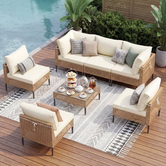 UDPATIO 7 Piece Wicker Patio Furniture Set with Glass Coffee Table, Outdoor Sectional Conversation Set for Porch, Backyard & Garden, Yellow/Beige
