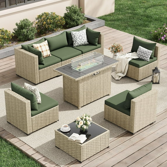 UDPATIO 7 Pieces Outdoor Patio Furniture Set with 44" Fire Pit Table, Outdoor Wicker Patio Conversation Set with Cushions for Backyard, Porch, Garden(Green)