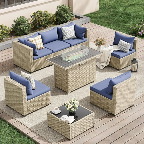 UDPATIO 7 Pieces Outdoor Patio Furniture Set with 44" Fire Pit Table, Outdoor Wicker Patio Conversation Set with Cushions for Backyard, Porch, Garden(Haze Blue)