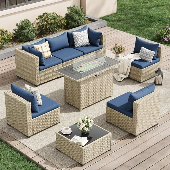 UDPATIO 7 Pieces Outdoor Patio Furniture Set with 44" Fire Pit Table, Outdoor Wicker Patio Conversation Set with Cushions for Backyard, Porch, Garden(Navy Blue)