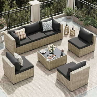 UDPATIO 7 Pieces Outdoor Patio Furniture Set, Outdoor Wicker Patio Conversation Set with Cushions for Backyard, Porch, Garden(Black)
