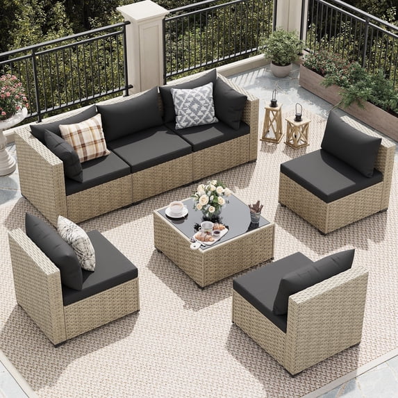 UDPATIO 7 Pieces Outdoor Patio Furniture Set, Outdoor Wicker Patio Conversation Set with Cushions for Backyard, Porch, Garden(Black)