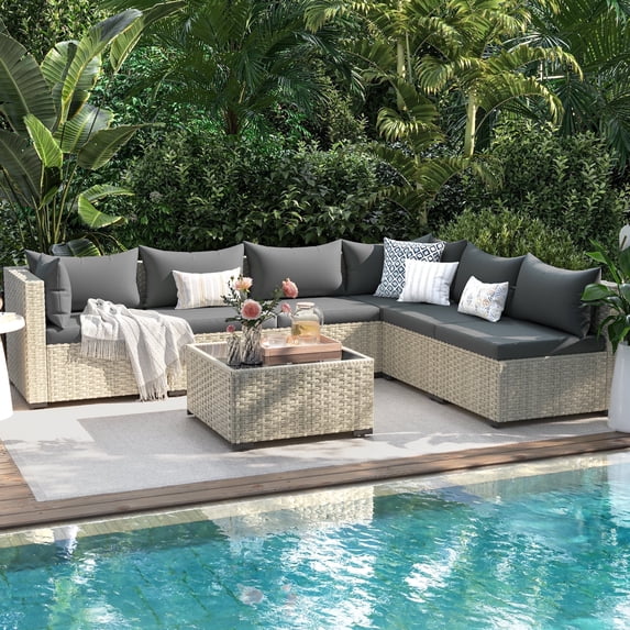 UDPATIO 7-Piece Outdoor Wicker Patio Furniture Set with Cushions for Backyard, Porch, Garden, Gray