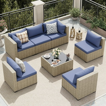 UDPATIO 7 Pieces Outdoor Patio Furniture Set, Outdoor Wicker Patio Conversation Set with Cushions for Backyard, Porch, Garden(Haze Blue)