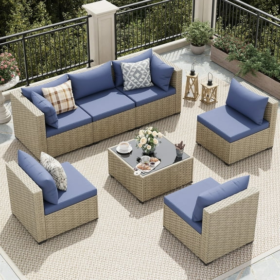 UDPATIO 7 Pieces Outdoor Patio Furniture Set, Outdoor Wicker Patio Conversation Set with Cushions for Backyard, Porch, Garden(Haze Blue)