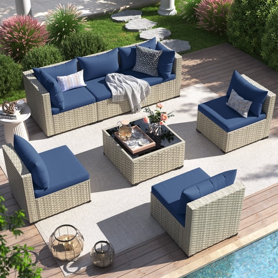 UDPATIO 7 Pieces Outdoor Patio Furniture Set, Outdoor Wicker Patio Conversation Set with Cushions for Backyard, Porch, Garden(Navy)