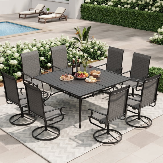 UDPATIO 9-Piece Outdoor Dining Set with High-Back Swivel Chairs & Iron Square Table for 8-Person, Black & Dark Grey
