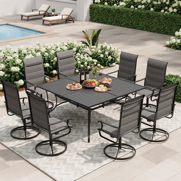 UDPATIO 9-Piece Outdoor Dining Set with High-Back Swivel Padded Chairs & Iron Square Table for 8-Person, Black & Dark Grey