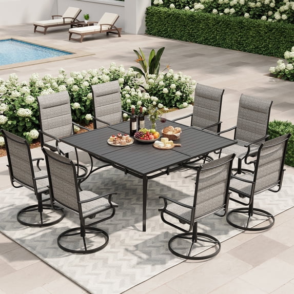 UDPATIO 9-Piece Outdoor Dining Set with High-Back Swivel Padded Chairs & Iron Square Table for 8-Person, Black & Light Gray