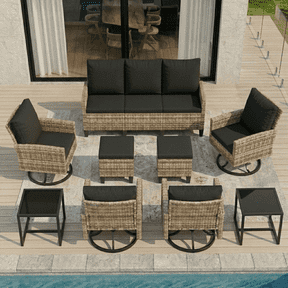 UDPATIO 9 Pieces Outdoor Conversation Set, All-Weather Wicker Rattan Patio Furniture Sofa Set with Ottoman and Swivel Chairs for Poolside, Backyard,Yellow Brown Wicker Black Cushions