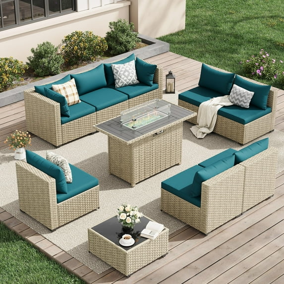 UDPATIO 9 Pieces Outdoor Patio Furniture Set with 44" Fire Pit Table, Outdoor Wicker Patio Conversation Set with Cushions for Backyard, Porch, Garden(Peacock Blue)