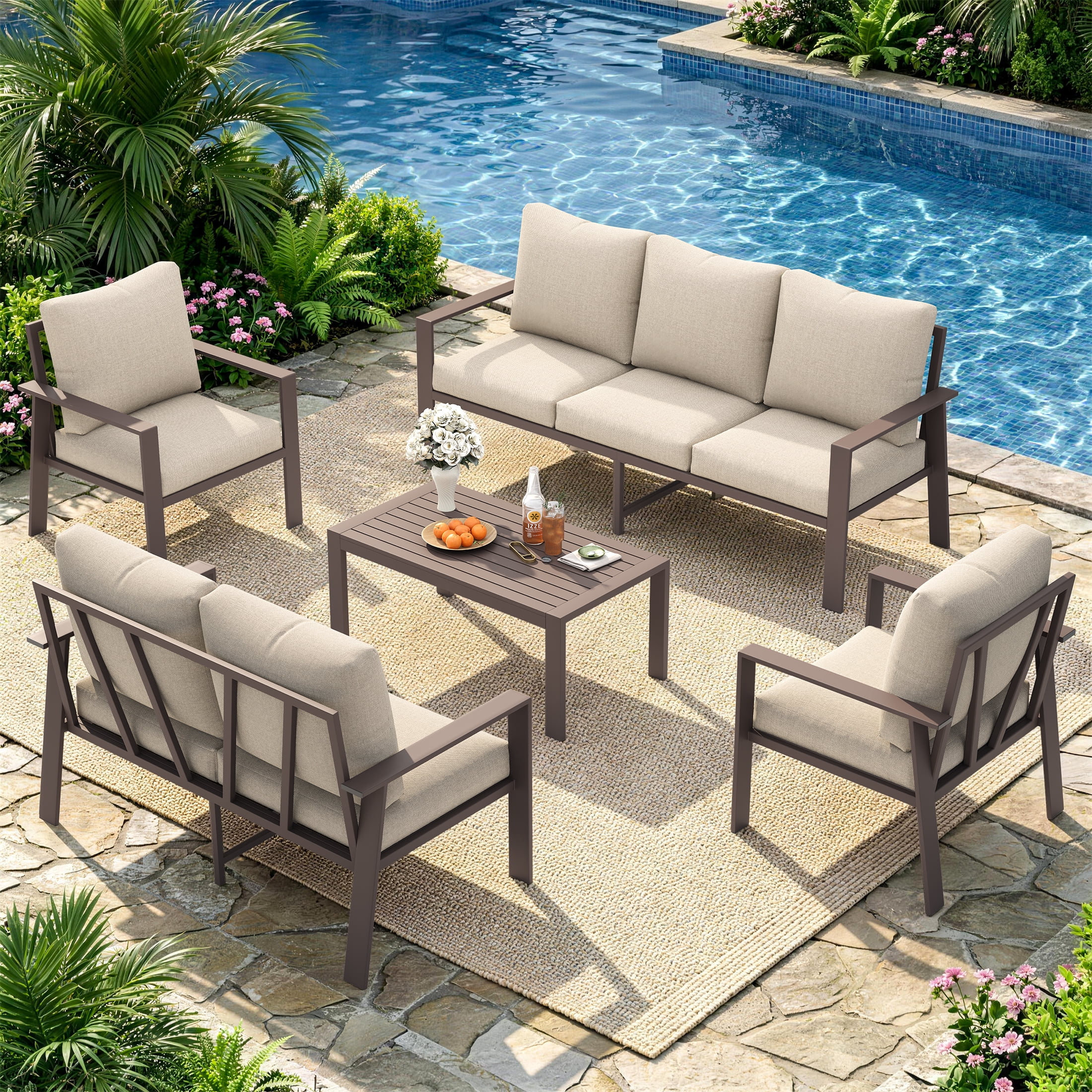 UDPATIO Aluminum Patio Furniture Set, Contemporary Outdoor Couch Set, Aluminum Patio Conversation Set, Beige