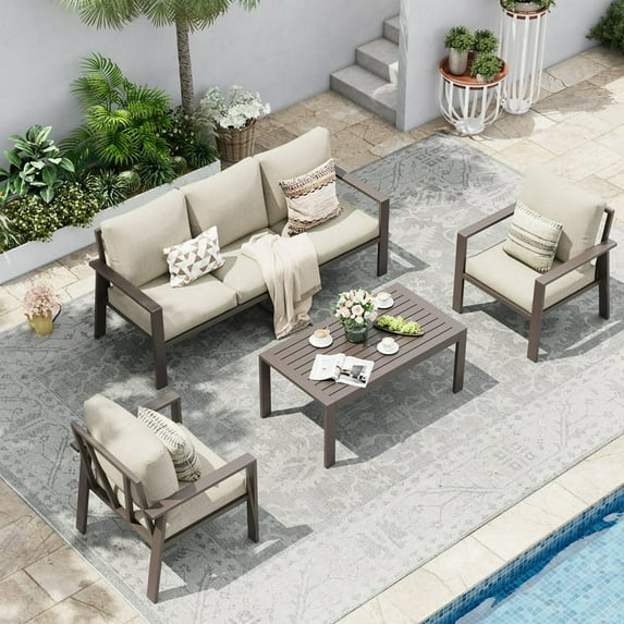 UDPATIO Aluminum Patio Furniture Set, Contemporary Outdoor Couch Set, Aluminum Patio Conversation Set, Beige