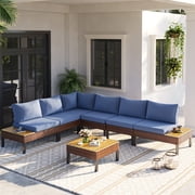 UDPATIO 7-piece Rattan Outdoor Patio Sofa Set,L-Shaped Sectional Sofa Couch with Coffee Table for Backyard,Lawn,Garden,Navy Blue