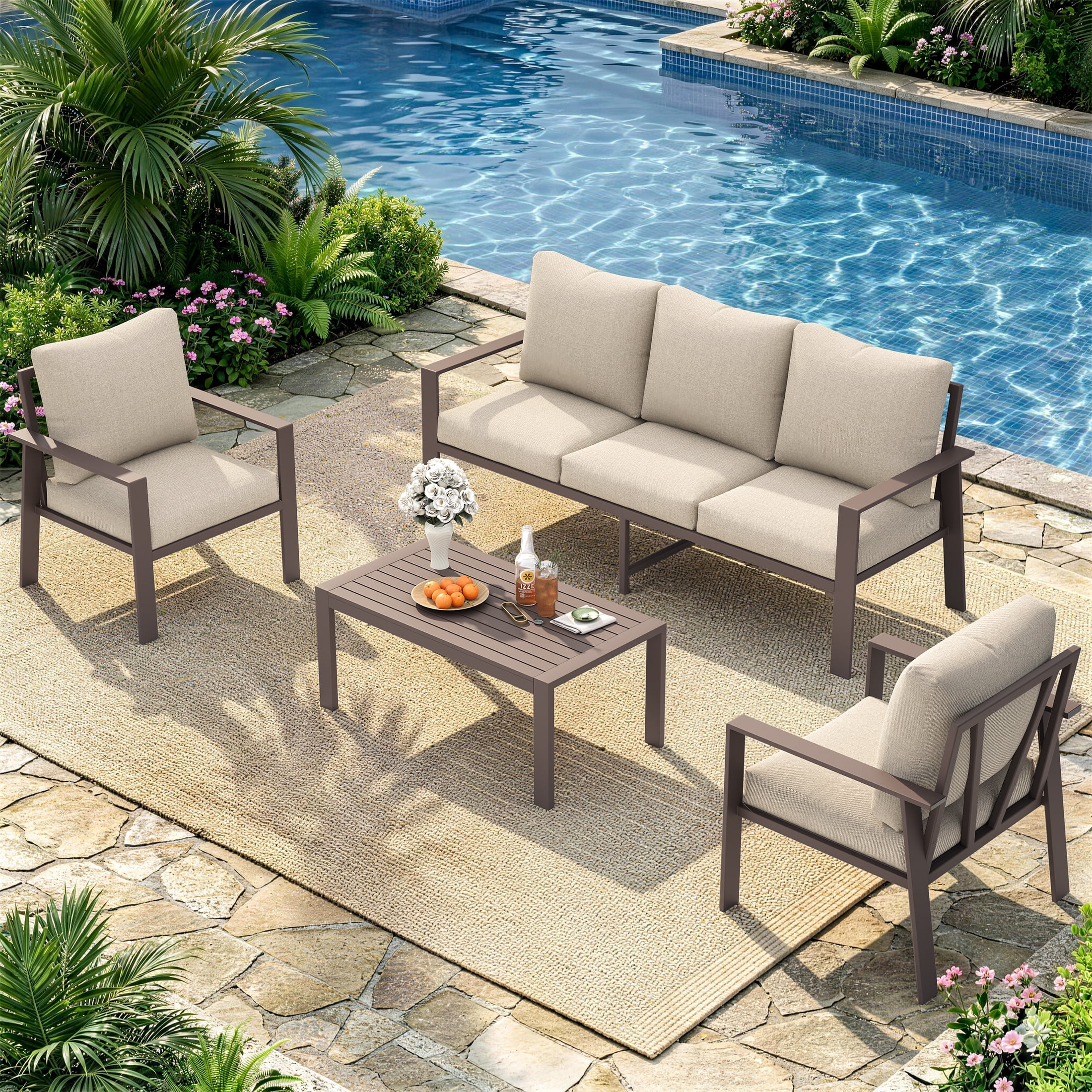UDPATIO Aluminum Patio Furniture Set, Contemporary Outdoor Couch Set, Aluminum Patio Conversation Set, Beige