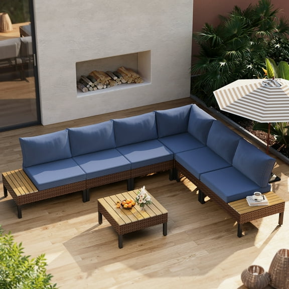 UDPATIO 7-piece Rattan Outdoor Patio Sofa Set,L-Shaped Sectional Sofa Couch with Coffee Table for Backyard,Lawn,Garden,Navy Blue
