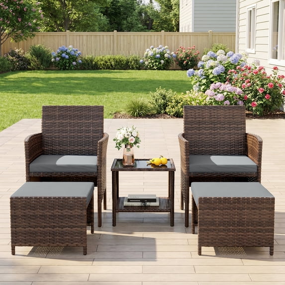 UDPATIO Balcony Furniture 5 Piece Patio Furniture Set, Outdoor Brown Wicker Chairs with Ottoman, Grey