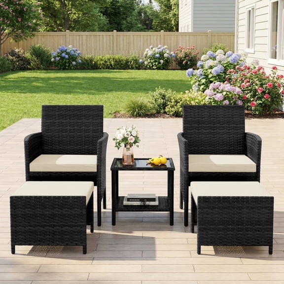 UDPATIO Balcony Furniture 5 Piece Patio Furniture Set, Outdoor Black Wicker Chairs with Ottoman, Beige