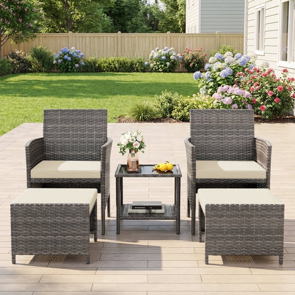 UDPATIO Balcony Furniture 5 Piece Patio Furniture Set, Outdoor Grey Wicker Chairs with Ottoman, Beige