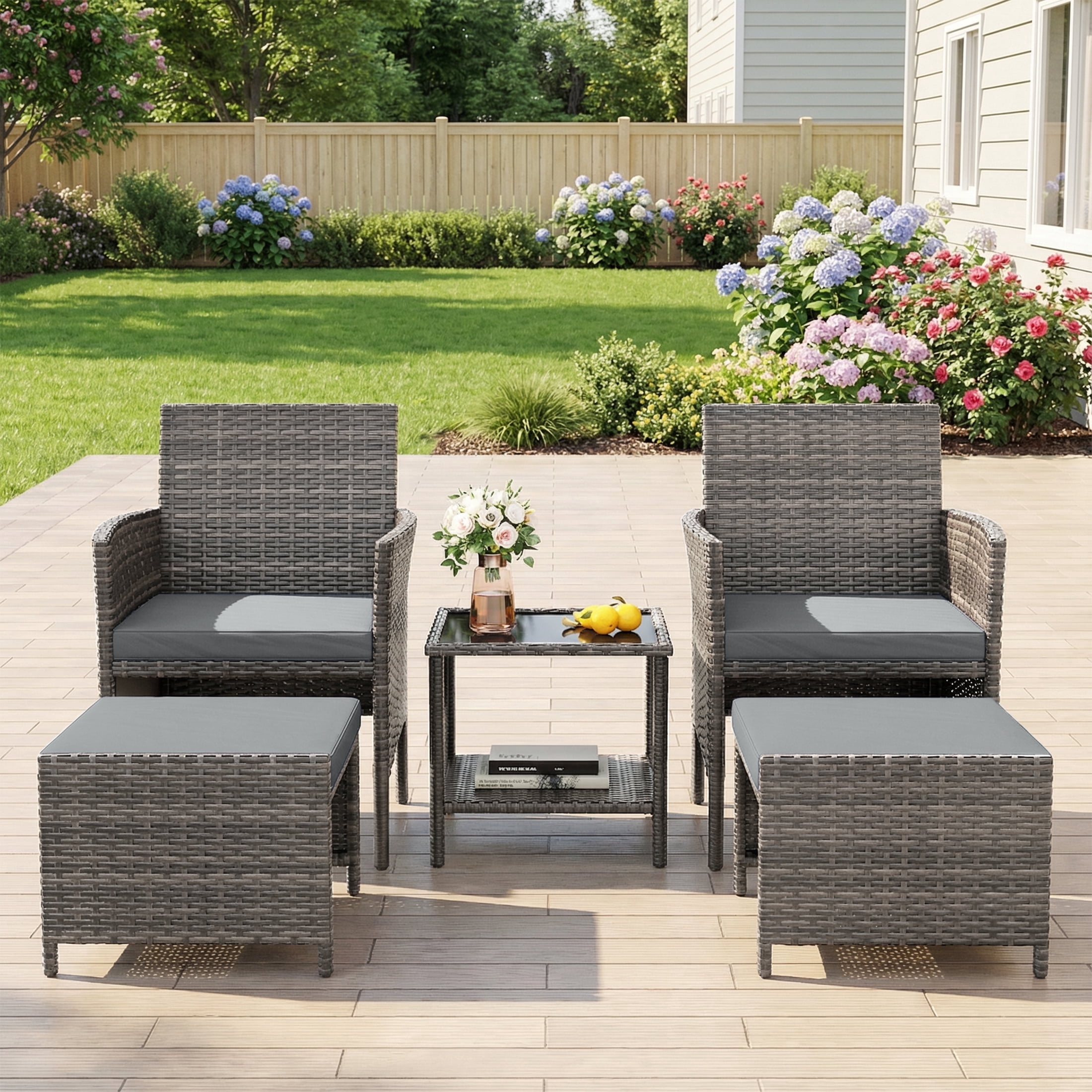UDPATIO Balcony Furniture 5 Piece Patio Furniture Set, Outdoor Grey Wicker Chairs with Ottoman, Grey