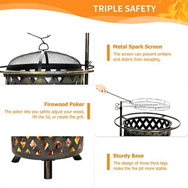 UDPATIO Fire Pit with Grill for Outside 30 Inch Outdoor Wood Burning