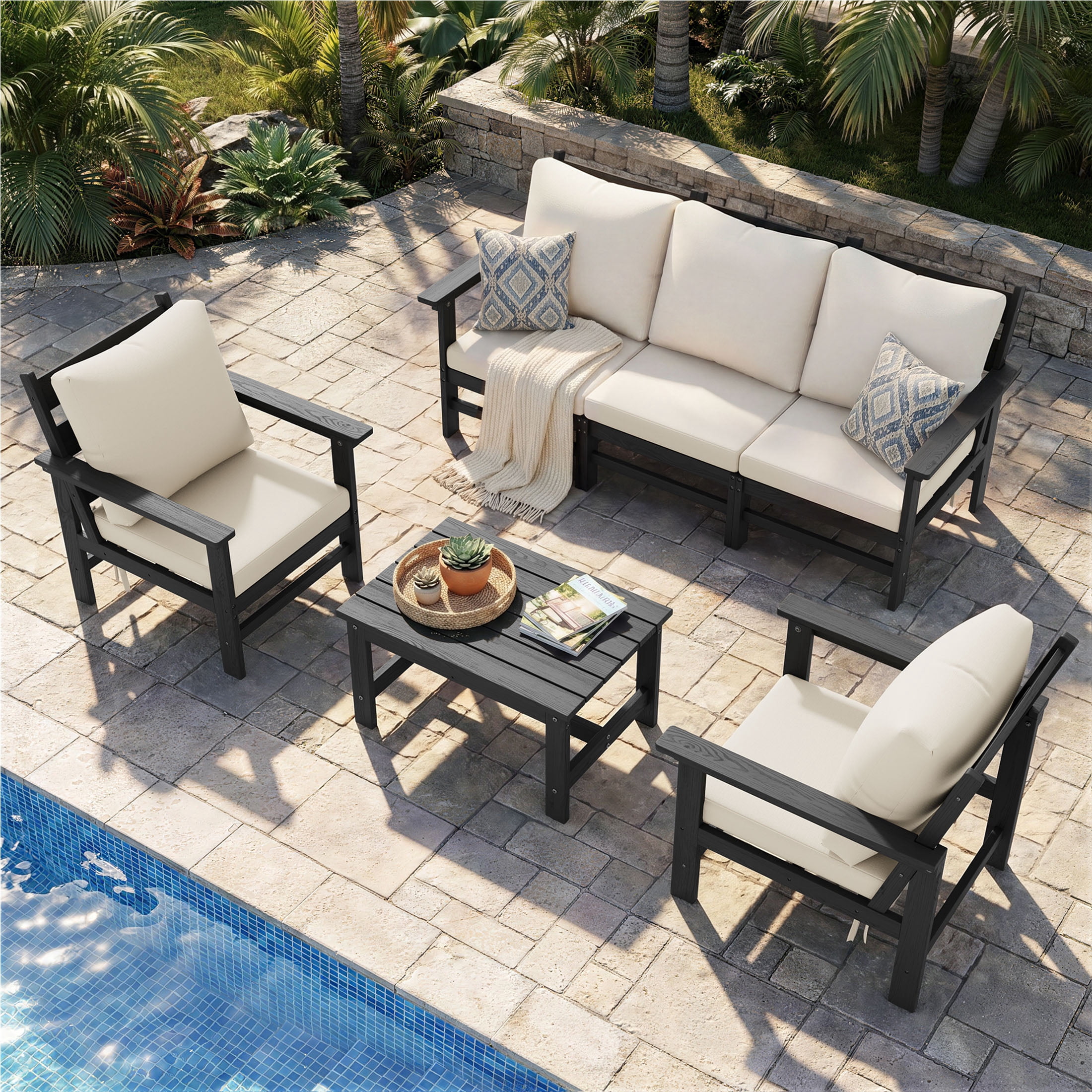 UDPATIO HDPE Patio Conversation Set, 6-Piece Sectional Outdoor Furniture Set, All-Weather Outdoor Couch Set for Deck, Lawn, Grey Frame with Beige Cushion