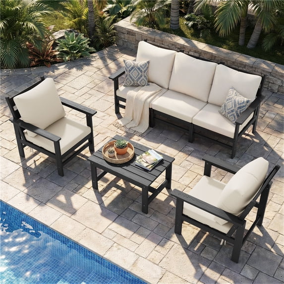 UDPATIO HDPE Patio Conversation Set, 6-Piece Sectional Outdoor Furniture Set, All-Weather Outdoor Couch Set for Deck, Lawn, Grey Frame with Beige Cushion