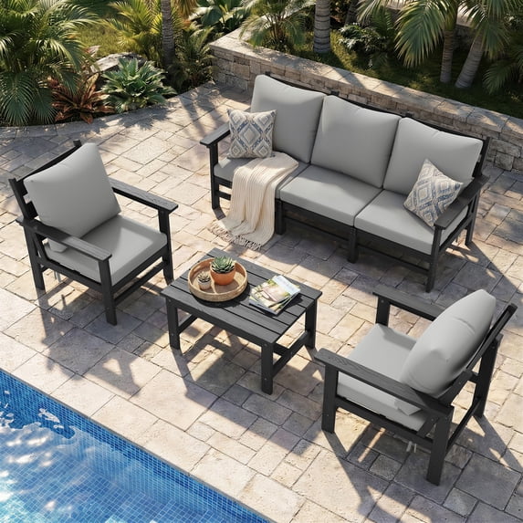 UDPATIO HDPE Patio Conversation Set, 6-Piece Sectional Outdoor Furniture Set, All-Weather Outdoor Couch Set for Deck, Lawn, Grey Frame with Grey Cushion