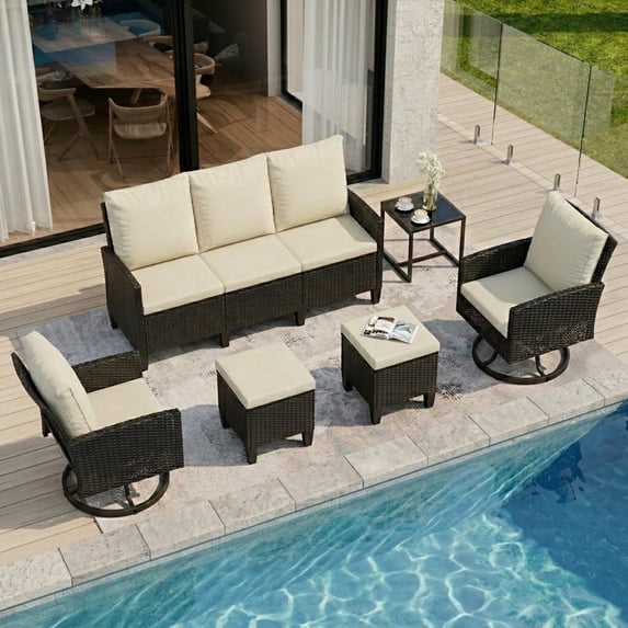 UDPATIO Outdoor Conversation Set,6 Pieces Patio Furniture Set, All-Weather Wicker Rattan Outdoor Sectional Sofa Set with Ottoman and Swivel Chairs for Poolside, Backyard,Black Wicker Beige Cushions