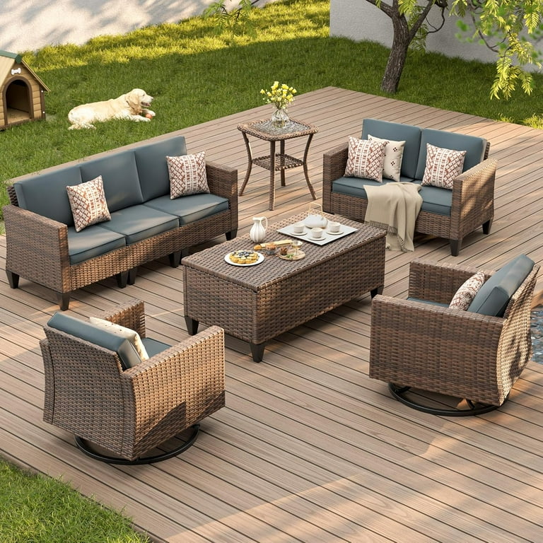 Poteban Outdoor Patio Furniture Set 9 Pieces Rocking Swivel Chair Conversation Sofa Wicker Rattan Patio Sectional Furniture for Backyard Deck
