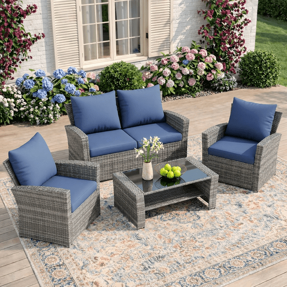 UDPATIO Wicker Patio Furniture Set, 4 Piece Outdoor Conversation Sets with Loveseat, 2 Single Chairs and Glass Coffee Table, for Backyard, BLUE