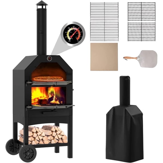 UDPATIO Outdoor Pizza Oven Wood Fired, Wood Pizza Ovens for Outside with Waterproof Cover, Pizza Stone, Peel, 2 Layer Steel, Freestanding Steel Oven with 2 Wheels for Kitchen BBQ Backyard Party