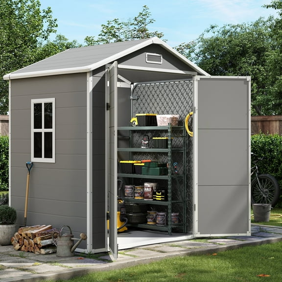 UDPATIO Outdoor Resin Storage Shed 6x4.5 ft, Plastic Garden Shed with Lockable Door for Backyard, Patio, Lawn, Grey White