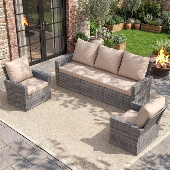 UDPATIO Outdoor Sectional Conversation Sets,Gray Wicker Patio Furniture Set,3-piece outdoor sofa set for Balcony, Porch, Backyard, Beige