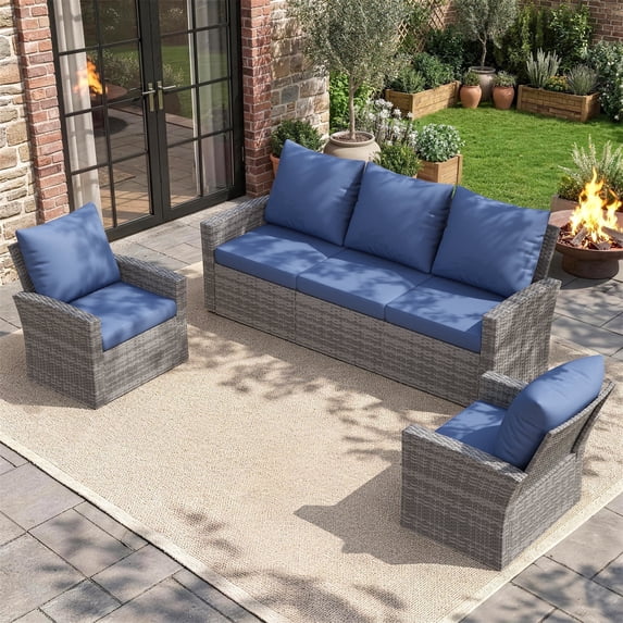 UDPATIO Outdoor Sectional Conversation Sets, Gray Wicker Patio Furniture Set, 3-piece Outdoor Sofa Set for Balcony, Navy Blue