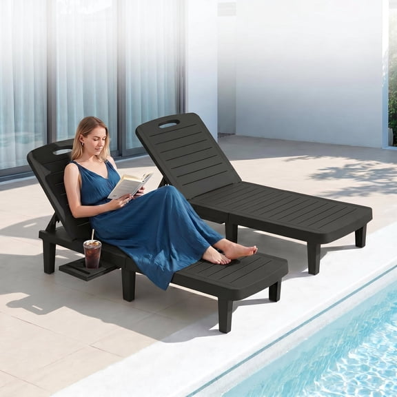UDPATIO 2-Piece 5-Position Outdoor Lounge Chairs, All-Weather Resin Chaise Lounge Set with Cup Holder for Pool, Patio, Black