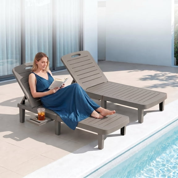 UDPATIO 2-Piece 5-Position Outdoor Lounge Chairs, All-Weather Resin Chaise Lounge Set with Cup Holder for Pool, Patio, Dark Gray