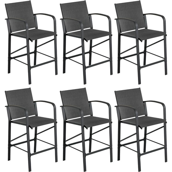UDPATIO Patio Bar Chairs Set of 6, Outdoor Bar Height Stools, Metal Frame Textilene Tall Barstool with Backs Armrest, High Top Seating for Porch, Deck, Garden, Backyard, Pool, Grey